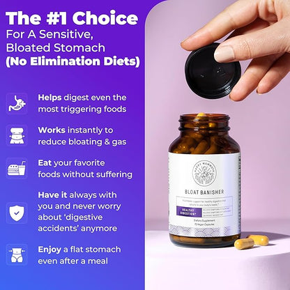 Happy Mammoth Bloat Banisher Natural Relief for Bloating, Gas, Indigestion & Discomfort. Promotes Healthy Digestion of Even Difficult Foods Like Dairy, Breads, Pizza, Cheese & Meats. 72 Caps