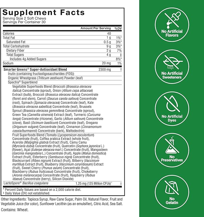 FORCE FACTOR Smarter Greens Superfood Chews, 2-Pack, Greens and Superfoods with Probiotics, Antioxidants, and Fiber, Greens Supplement to Support Digestion, Nitric Oxide, and Energy, 120 Soft Chews