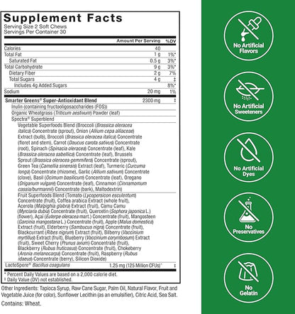 FORCE FACTOR Smarter Greens Superfood Chews, 3-Pack, Greens and Superfoods with Probiotics, Antioxidants, and Fiber, Greens Supplement to Support Digestion, Nitric Oxide, and Energy, 180 Chews