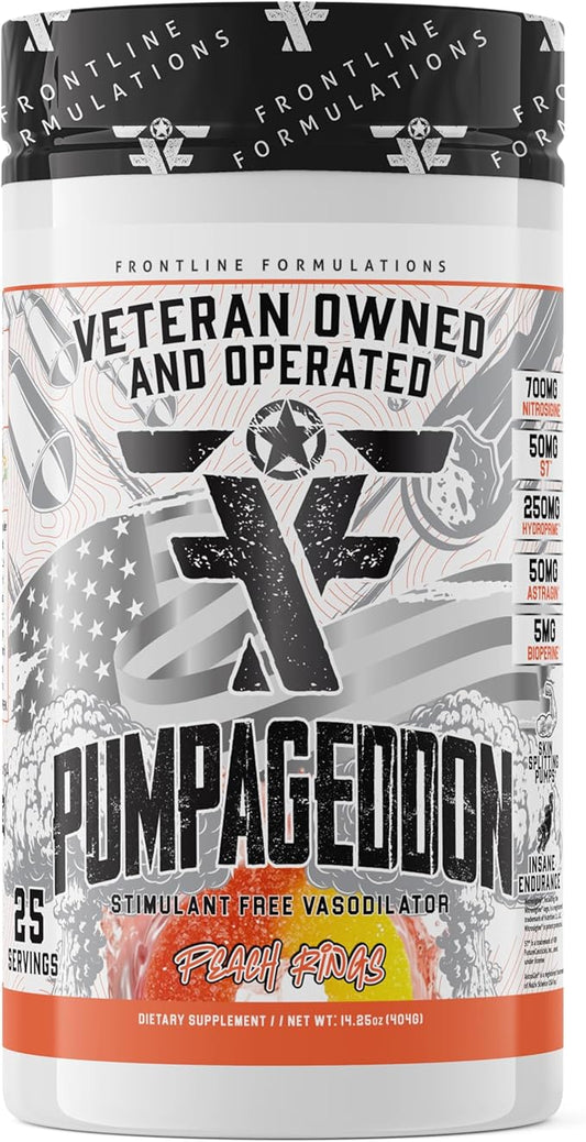 Pumpageddon, Non Stim Pre-Workout Powder, Explosive Workouts, Insane Endurance, Skin Splitting Pumps, Veteran Owned and Operated, Packaging May Vary (25 Servings, Peach Rings)