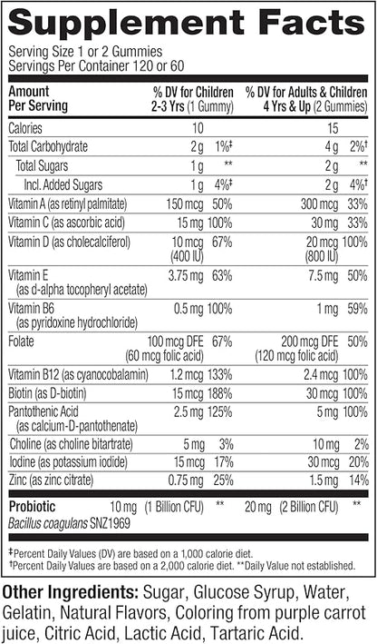 OLLY Kids Multivitamin & Probiotic Gummy, Digestive Support, Vitamins A, D, C, E, B, Zinc, Chewable Supplement, Berry Flavor, 60 day supply - 120 Count