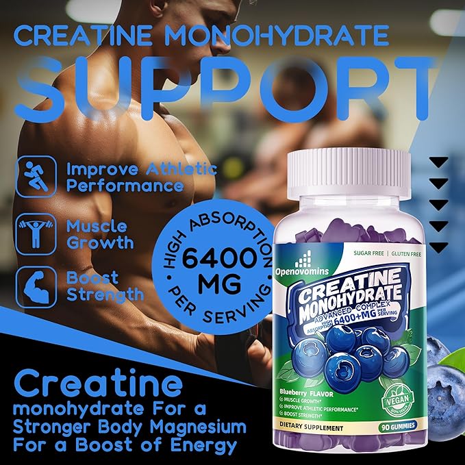Creatine Monohydrate Gummies Complex 6400mg for Men & Women -Advanced Formula W/L-Taurine + Vitamin B12, Sugar Free Chewable Supplement,90 Blueberry Gummies