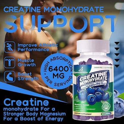 Creatine Monohydrate Gummies Complex 6400mg for Men & Women -Advanced Formula W/L-Taurine + Vitamin B12, Sugar Free Chewable Supplement,90 Blueberry Gummies