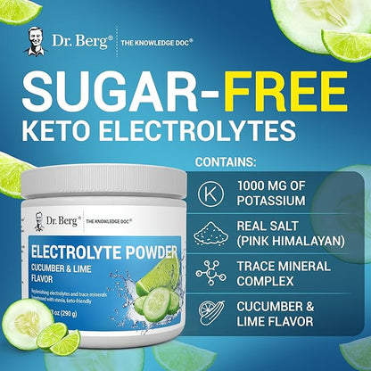Dr. Berg Zero Sugar Hydration Keto Electrolyte Powder - Enhanced w/ 1000 mg of Potassium & Real Pink Himalayan Salt (NOT Table Salt) - Cucumber Lime Flavor Hydration Drink Mix Supplement - 50 Servings