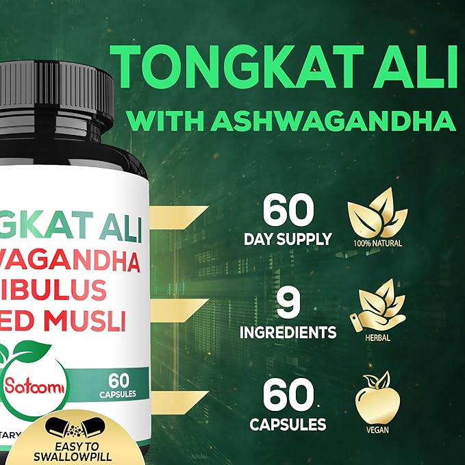 Satoomi Tongkat Ali Root Extract 200:1-9 Essential Herbs with Ashwagandha, Tribulus Terrestris & More - Support Strength, Energy and Healthy Immune - 60 Vegan Caps 2 Month Supply