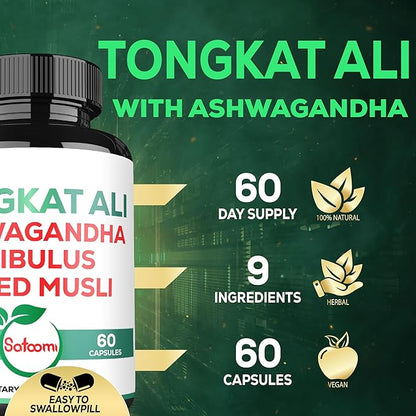 Satoomi Tongkat Ali Root Extract 200:1-9 Essential Herbs with Ashwagandha, Tribulus Terrestris & More - Support Strength, Energy and Healthy Immune - 60 Vegan Caps 2 Month Supply