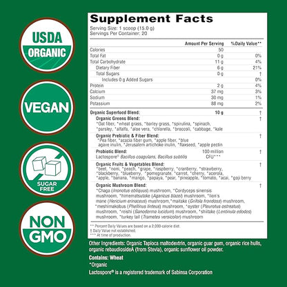 COUNTRY FARMS Organic Super Greens Natural Flavor, 50 Organic Super Foods, Packed with Fiber, USDA Organic Drink Mix, Fruits, Vegetables, Mushrooms & Probiotics, Supports Energy, 6g Fiber