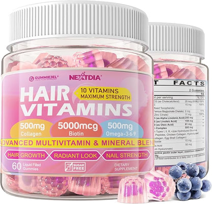 Hair Vitamins Gummies + Collagen Peptides, Biotin, Omega-3 6 9 for Women Men/w Vitamin A, C, B, Iron, Zinc - Multivitamin Gummies for Follicles, Hair Growth & Strength, Skin, Nails Health - 60Cts