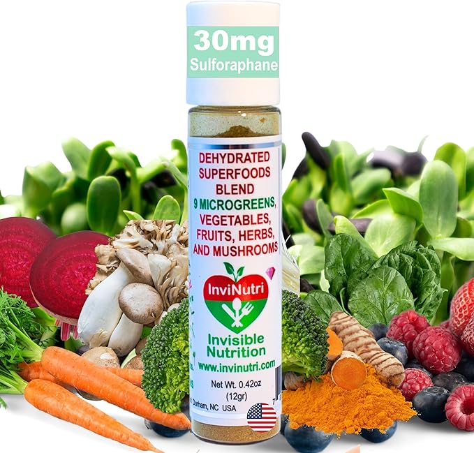 InviNutri Superfoods Powder (24 Servings) Solution for ARFID Special Needs Picky Eaters Microgreens Veggies Fruits Mushrooms, Turmeric, 40x Nutrient-Rich 30mg Sulforaphane Vitamin Supplement
