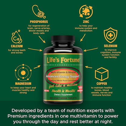 Life's Fortune Multivitamin & Mineral, All Natural Energy Source Supplying Whole Food Concentrates, Antioxidants, Amino Acids, Enzymes, Trace Minerals & More, 180 Tab
