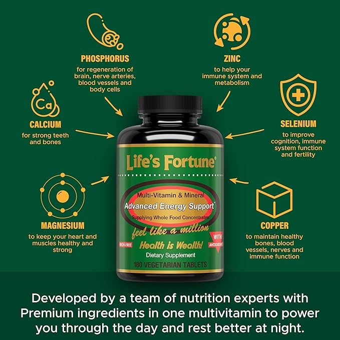 Life's Fortune Multivitamin All Natural Energy Source Supplying Whole Food Concentrates, Antioxidants, Amino Acids, Enzymes, Trace Minerals & More (180 Count (Pack of 1))