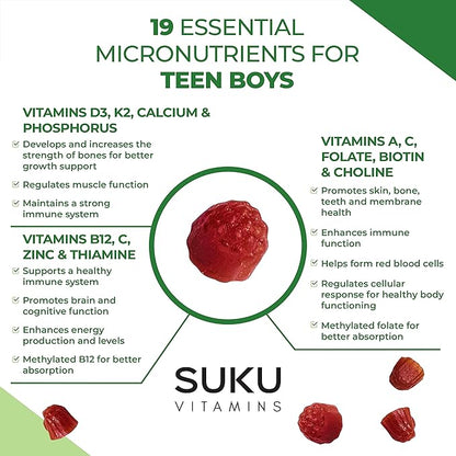 Teen Boy Multivitamin – Sugar Free Vegetarian Gummy Supplement for Teen Boys 19 Essential Nutrients Strengthens Bones Muscles Enhances Energy Health – Blueberry Grape Flavor (60 Count)