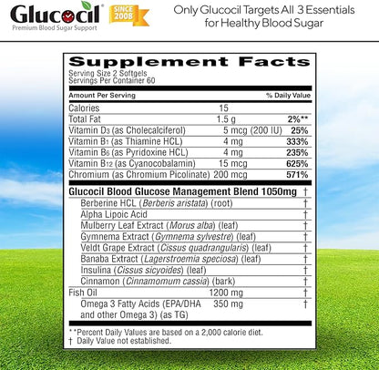 Glucocil – Softgels - Premium Blood Sugar Support - Over 2 Million Bottles Sold - Supports The 3 Essentials for Healthy Blood Sugar - Since 2008, with Berberine, Proprietary Mulberry Leaf, and More