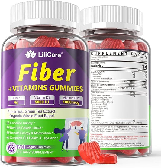 Fiber Gummies for Adults - Sugar Free Probiotics Fiber Supplement Vitamin B12 1000 mcg Vitamin D3 5000 iu/w Green Tea, Organic Whole Food For Fulfill, Metabolism, Gut & Digestive Health-Vegan, 1 Pack