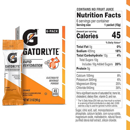 Gatorlyte Electrolyte Beverage Powder, Orange, Makes 20 Fl Oz, 3.1 ounce (Pack of 6)