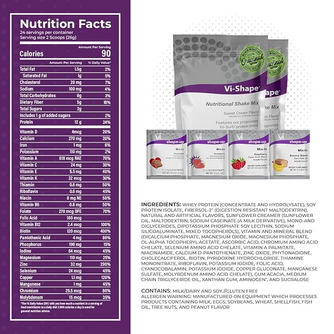 Vi-Shape Four Flavor Transformation Kit - 2 Shake Pouches (48 Servings) + 1 Box Chocolate Mix-In + 1 Box Strawberry Mix-In + 1 Box Banana Bread Mix-In + 1 Box Raspberry Mix-In