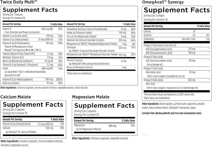 Designs for Health Twice Daily Essential Packets - Daily Multivitamin Packs with Immune Support Vitamins Vitamin D + Zinc - Calcium + Magnesium Capsules - OmegAvail Fish Oil (60 Individual Packets)