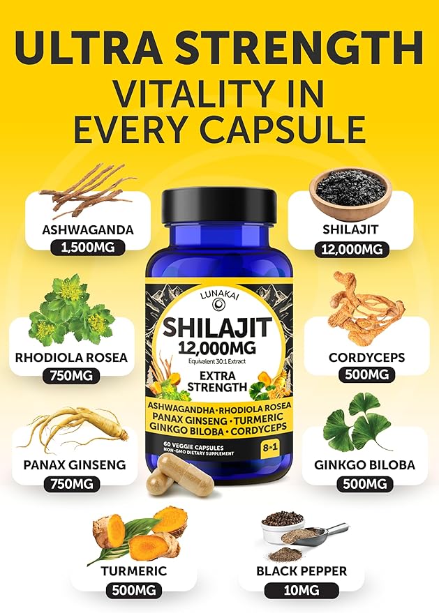 Lunakai USA Made Pure Shilajit Capsules 12000mg with Ashwagandha, Rhodiola & Cordyceps - Extra Strength Shilajit Extract for Men & Women, 60ct