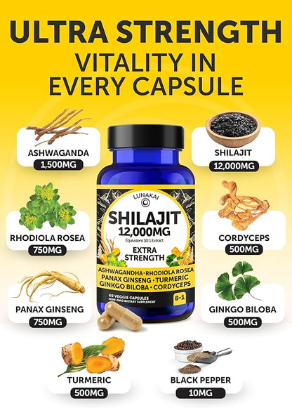 Lunakai USA Made Pure Shilajit Capsules 12000mg with Ashwagandha, Rhodiola & Cordyceps - Extra Strength Shilajit Extract for Men & Women, 60ct