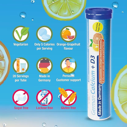 German Calcium + VIT. D - 100 Vegetarian Drink Effervescent Tablets - Orange-Grapefruit Flavor - Made in Germany
