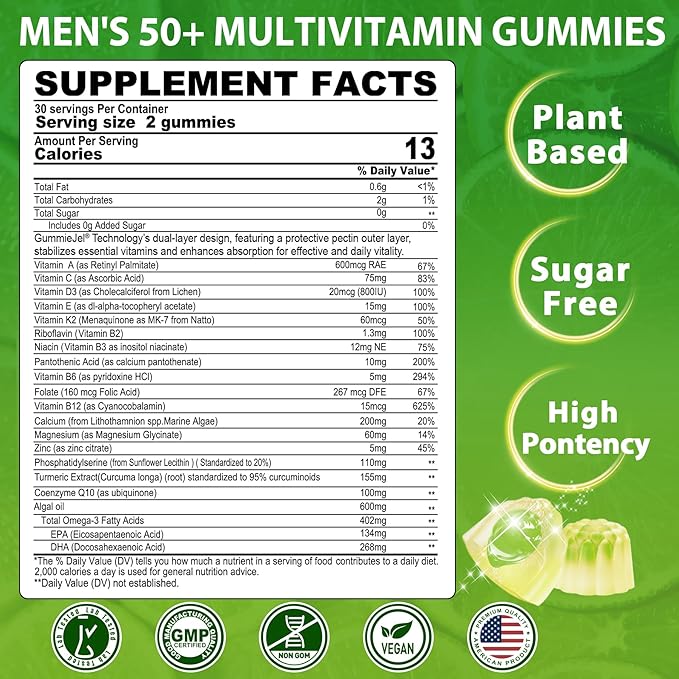 Multivitamin For Men 50 + Plus, Sugar Free Men Multivitamins Gummies w/Omega-3, Coq10, D3k2, Calcium, Magnesium, Zinc, Vitamins A, C & E, Mens Vitamins for 𝖧𝖾❤𝖱𝗍, Antioxidant, Brain, Bone, 60cts