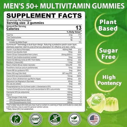 Multivitamin For Men 50 + Plus, Sugar Free Men Multivitamins Gummies w/Omega-3, Coq10, D3k2, Calcium, Magnesium, Zinc, Vitamins A, C & E, Mens Vitamins for 𝖧𝖾❤𝖱𝗍, Antioxidant, Brain, Bone, 60cts