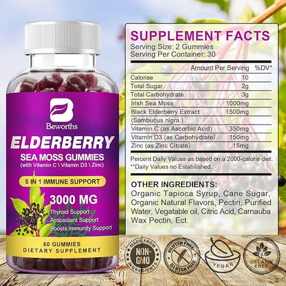 Elderberry & Irish Sea Moss Gummies, Organic Black Sambucus Elderberry Gummies with Seamoss, Zinc, Vitamin C, D3 for Kids, Elderberry Vitamin Supplements for Immune & Energy Support - Vegan
