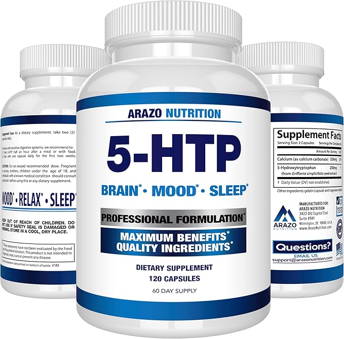 Arazo Nutrition 5-HTP 200 MG Plus Calcium for Mood, Sleep – Supports Calm and Relaxed Mood – 99% High Purity – 120 Capsules