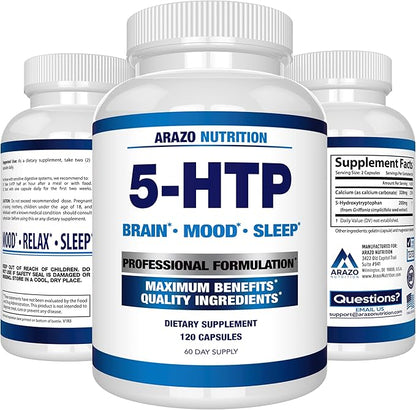 Arazo Nutrition 5-HTP 200 MG Plus Calcium for Mood, Sleep – Supports Calm and Relaxed Mood – 99% High Purity – 120 Capsules
