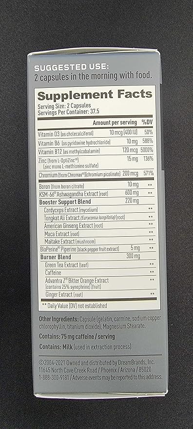 Mdrive Boost and Burn Test Booster and Fat Burner with Zinc, KSM-66 Ashwagandha, Advantra Z, 75 Count.