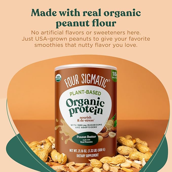 Four Sigmatic Organic Plant-Based Protein Powder Peanut Butter Protein with Lion’s Mane, Chaga, Cordyceps and More | Clean Vegan Protein Elevated for Brain Function and Immune Support | 21.16 oz