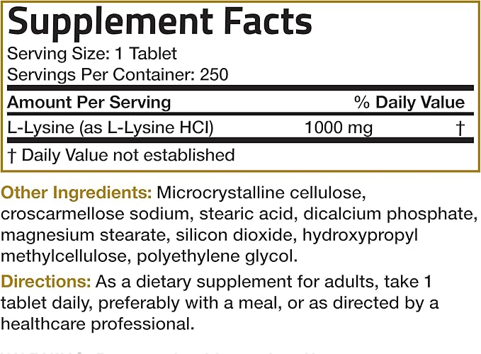 Bronson L-Lysine Extra Strength 1000 MG per Tablet High Potency, Immune Support & Supports Collagen Synthesis, Non-GMO, 250 Vegetarian Tablets