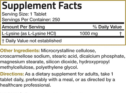 Bronson L-Lysine Extra Strength 1000 MG per Tablet High Potency, Immune Support & Supports Collagen Synthesis, Non-GMO, 250 Vegetarian Tablets