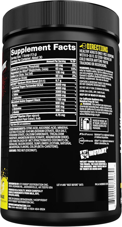 Mutant Hardcore BCAA - Pre, Intra or Post Workout – BCAA Next Level branched-Chain Amino Acids Supplement – Hydration + Recovery - 30 Serving - Lemonade