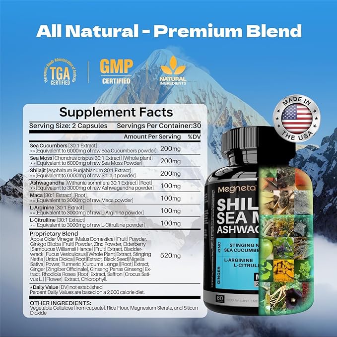 Shilajit 6,000mg for Men with Sea Moss 6,000mg Ashwagandha 3,000mg L-Arginine 3000MG, Boost Energy, 60 Capsules