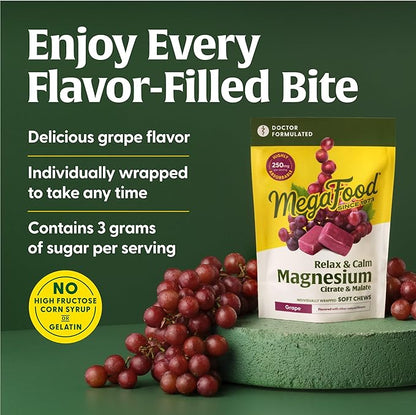 MegaFood Relax + Calm Magnesium Supplement - Soft Chews with Magnesium Citrate & Magnesium Malate for Heart Health, Muscle Tension & More - Vegetarian - Grape-Flavor - 60 Chews (30 Servings)