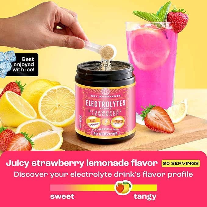 KEY NUTRIENTS Electrolytes Powder No Sugar - Juicy Strawberry Lemonade Electrolyte Powder - Hydration Powder - No Calories, Gluten Free Keto Electrolytes Powder - 90 Servings - Made in USA