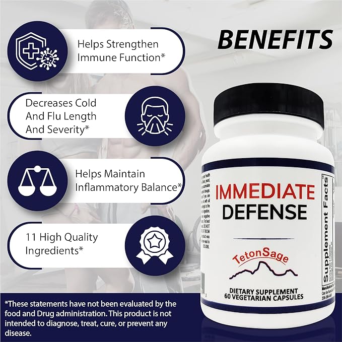 Immediate Defense Immune Support - Zinc, Black Elderberry, Echinacea, Vitamin A & C with B12, | Powerful Immunity Booster for Adults | Immune System Booster Supplement 60 Capsules