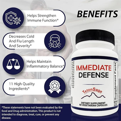 Immediate Defense Immune Support - Zinc, Black Elderberry, Echinacea, Vitamin A & C with B12, | Powerful Immunity Booster for Adults | Immune System Booster Supplement 60 Capsules