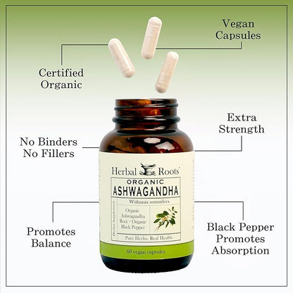 Herbal Roots Ashwagandha Capsules | Extra Strength | Ayurvedic for Overall Health for Men and Women | 60 Vegan Capsules