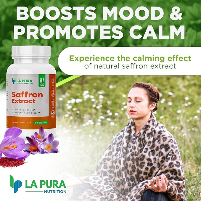 LaPura Pure Saffron Extract 88.5 mg Supplement, 60 Capsules – Natural Mood & Energy Booster, Eye & Heart Health - Non-GMO, Gluten-Free, Made in USA