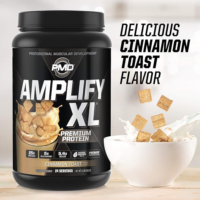 PMD Sports Amplify XL Premium Whey Protein Supplement Hydro Greens Blend - Glutamine and Whey Protein Matrix with Superfood for Muscle, Strength and Recovery - Cinnamon Toast (24 Servings)
