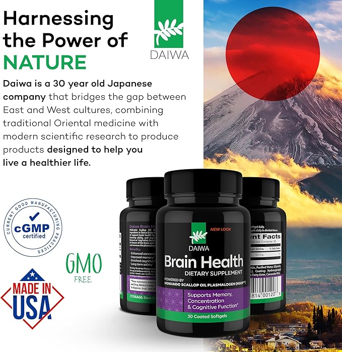 Daiwa Brain Health Supplement for Adults - Plasmalogen Focus Supplement for Memory and Concentration - Cognitive Brain Booster with 50mg of Hokkaido Scallop Oil Plasmalogen (HSOP) - 30/ct
