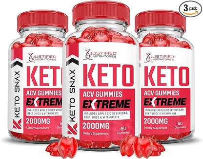 (3 Pack) Keto Snax Keto ACV Gummies Extreme 2000MG Keto Snax Keto Gummies Advanced Formula Apple Cider Vinegar with Pomegranate Beet Juice Powder B12 Vegan Non GMO 180 Gummys