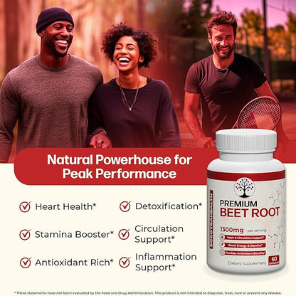 Beet Root Capsules - Premium Organic Beetroot Powder - Nitric Oxide Supplement - Heart Health, Circulation, and Stamina Support - Non-GMO - 60 Vegan Capsules