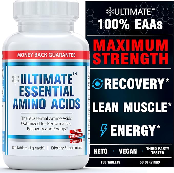 Ultimate 100% Essential Amino Acid Supplement - 150 Easy-to-Swallow, 1g Coated Tablets - All 9 EAA with 40% Leucine in Optimized BCAA Ratio - Increase Energy, Lean Muscle & Recovery - Keto & Vegan