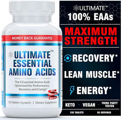 Ultimate 100% Essential Amino Acid Supplement - 150 Easy-to-Swallow, 1g Coated Tablets - All 9 EAA with 40% Leucine in Optimized BCAA Ratio - Increase Energy, Lean Muscle & Recovery - Keto & Vegan