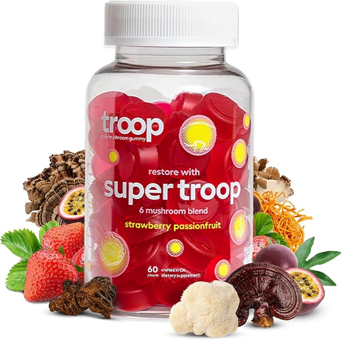 Troop Daily Super 6 Mushroom Blend for Immunity, Vitality, Mood, Balance, Gut Health, Energy - Restorative Supplement with Triple Extracted Fruit Body Blend - Vegan, Delicious Gummies, 60 Count