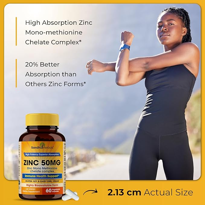 Sandhu Herbals Zinc 50mg Supplement for Men & Women| High Absorption Zinc Monomethionine Complex 60 Capsules| Zinc Supplements for Immune, Acne & Antioxidant Support| Vegetarian