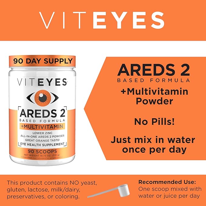 Viteyes AREDS 2 Powder + Multivitamin All-in-One, Macular Protection, Alternative to AREDS 2 chewables, No Pills, Lutein & Zeaxanthin, AREDS 2 Eye Vitamins Drink, Natural Orange Flavor, 90 Scoops